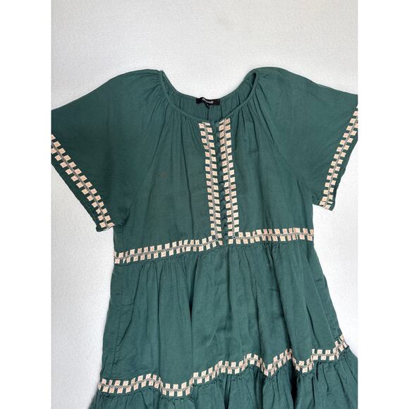Madewell Embroidered Linen-Blend Flutter-Sleeve Mini Dress green pink medium - Picture 7 of 13